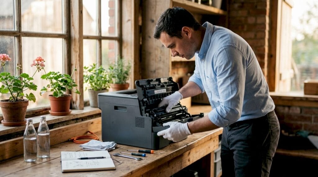 Técnico a verificar o toner de uma impressora