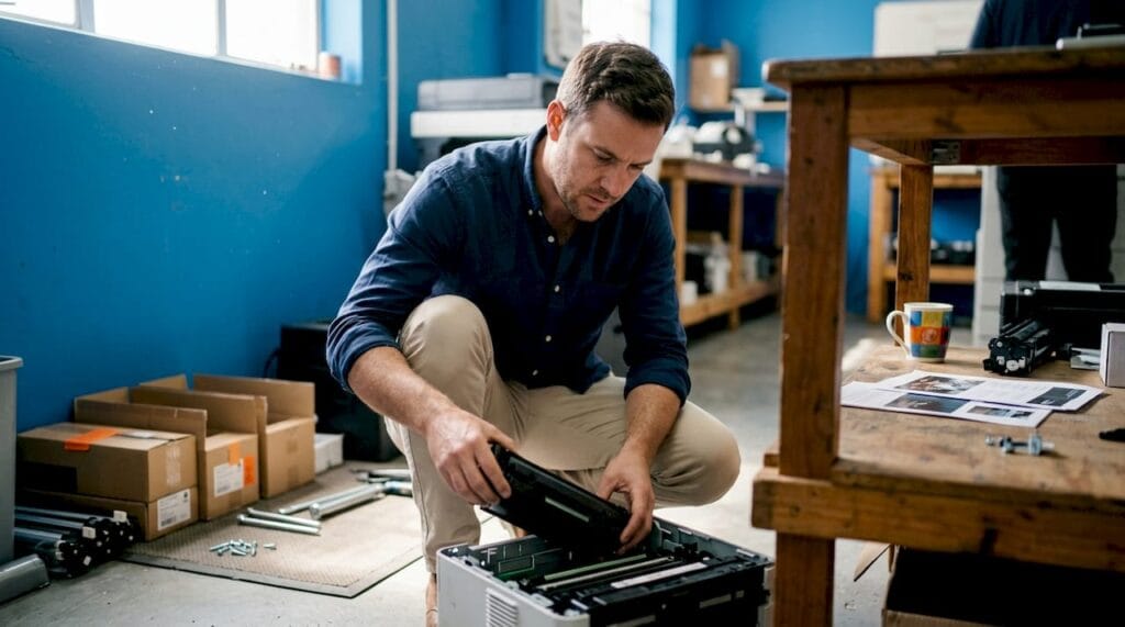 Técnico a remover o toner da impressora