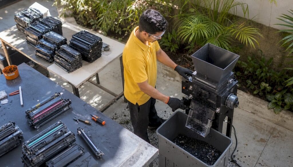 Funcionário a desmontar e destruir cartuchos de toner numa oficina