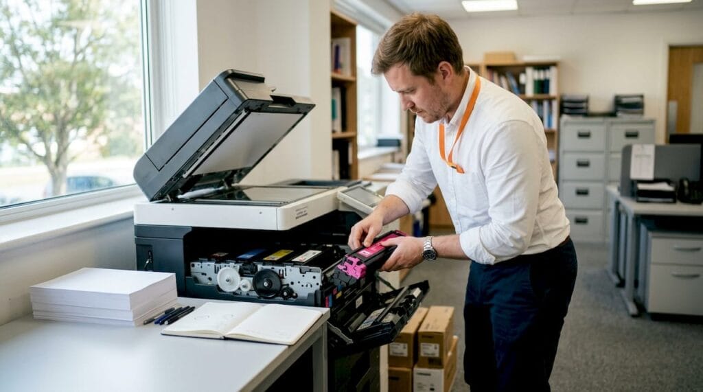 Técnico a trocar o toner de uma multifunções moderna