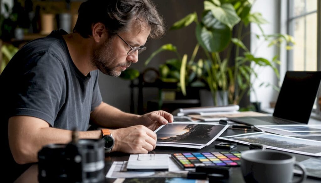 Fotógrafo a analisar provas fotográficas
