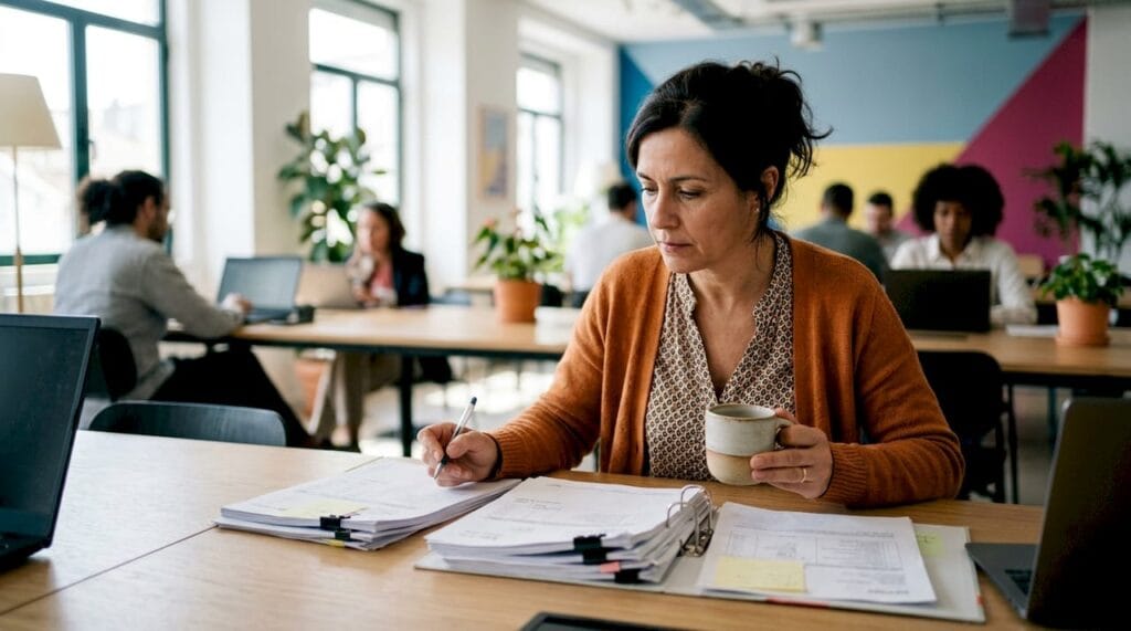 Responsável de escritório a analisar os relatórios de despesas com impressão