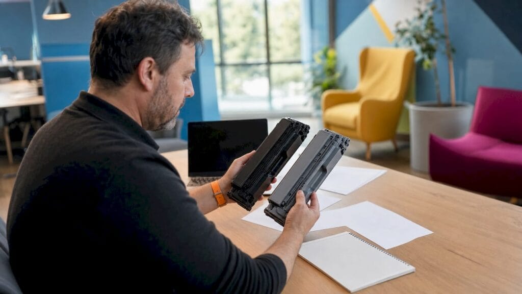 Homem no escritório a analisar e comparar dois toners para impressora.