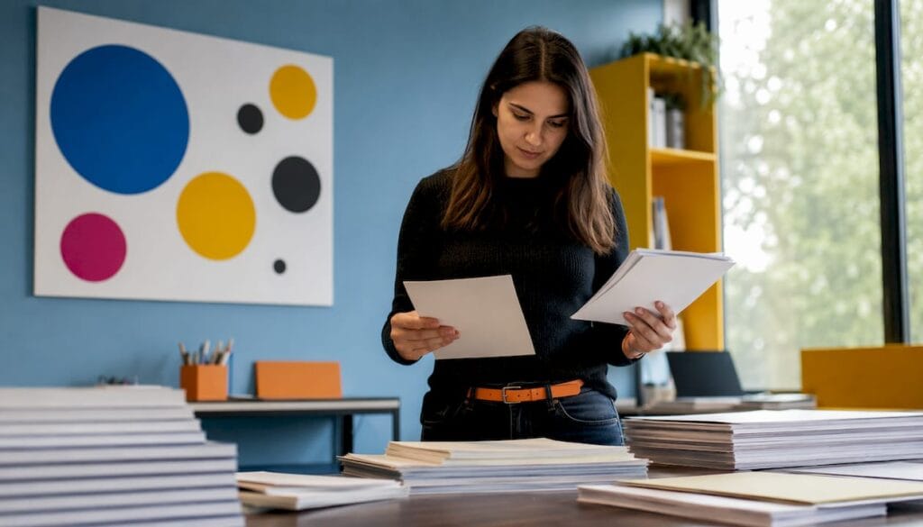 Senhora a comparar diferentes tipos de papel para impressão