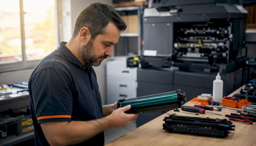 Técnico a inspecionar o tambor do toner na oficina
