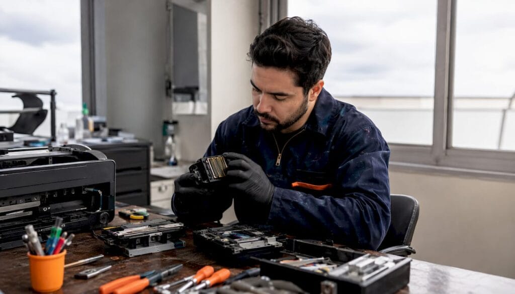 Técnico a reparar uma impressora de tinta