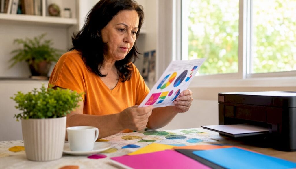 Senhora a experimentar uma impressora a preto e branco no escritório