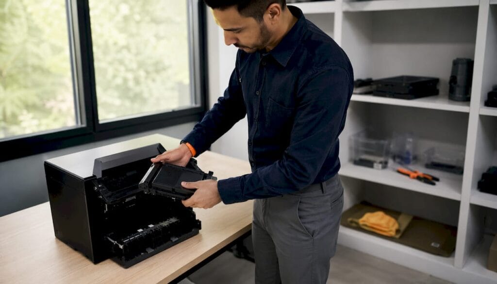 Técnico a substituir o toner numa impressora aberta