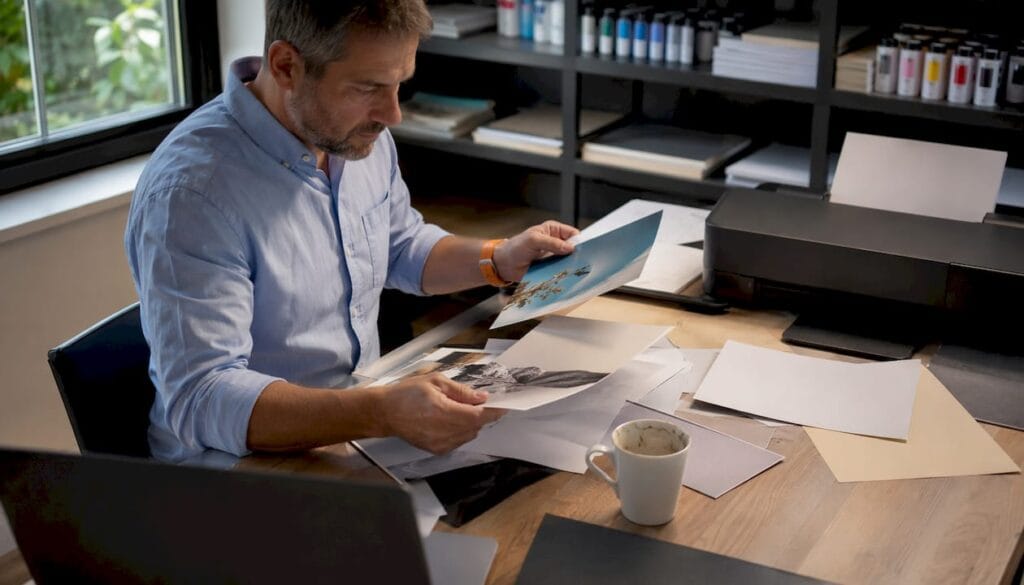 Homem a analisar diferentes tipos de papel para impressora jato de tinta
