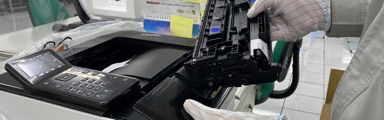 Worker replacing printer ink cartridge in a laboratory environment, highlighting technology maintenance.